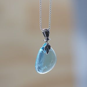 Light Blue Glass Necklace Recycle Gin Alcohol Bottle Silver Nature Leaf Seaglass